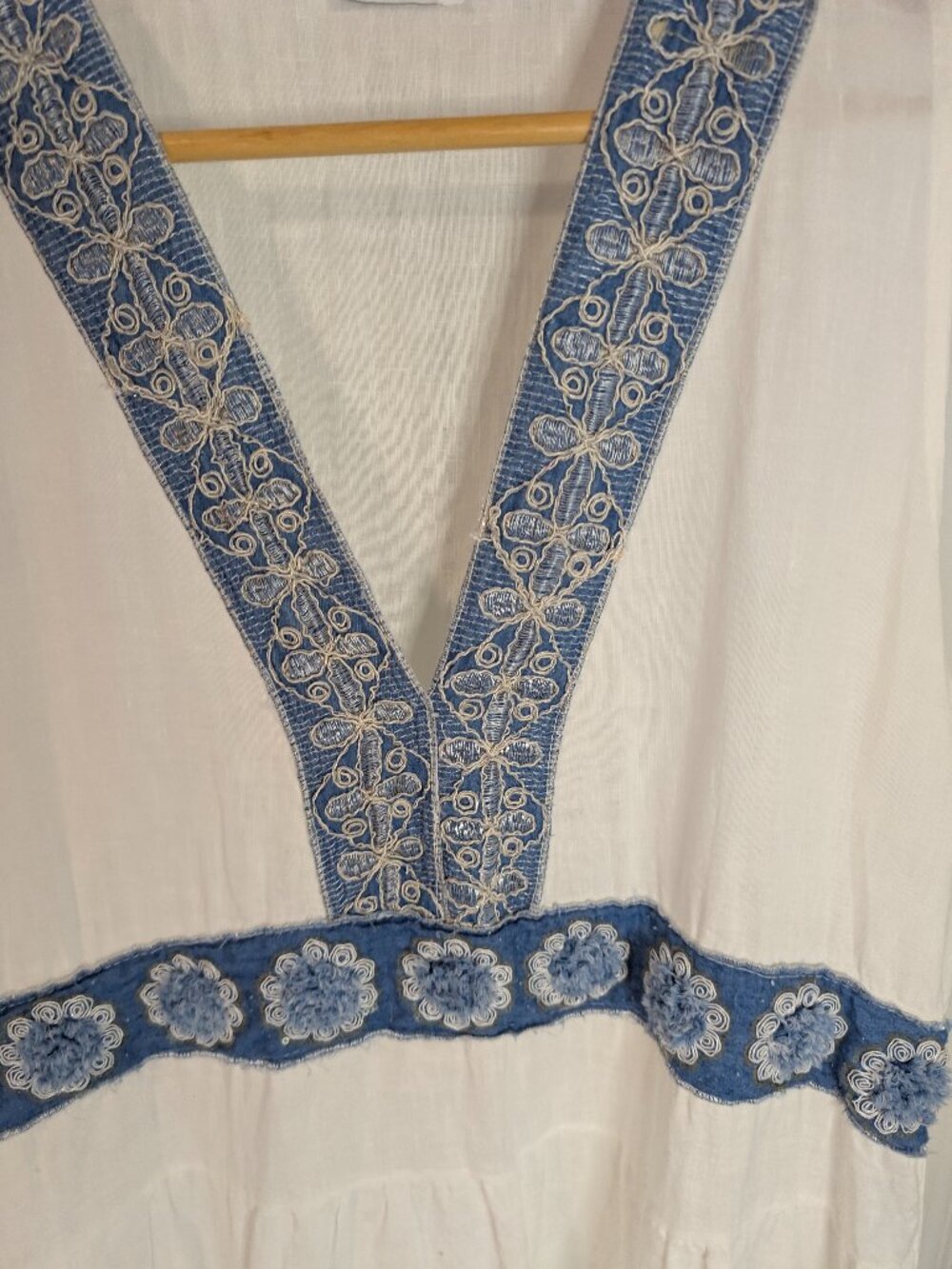 Italian Positano Linen Embroidered Mini Dress Blue White Tiered Resort Beachy L - Picture 4 of 12